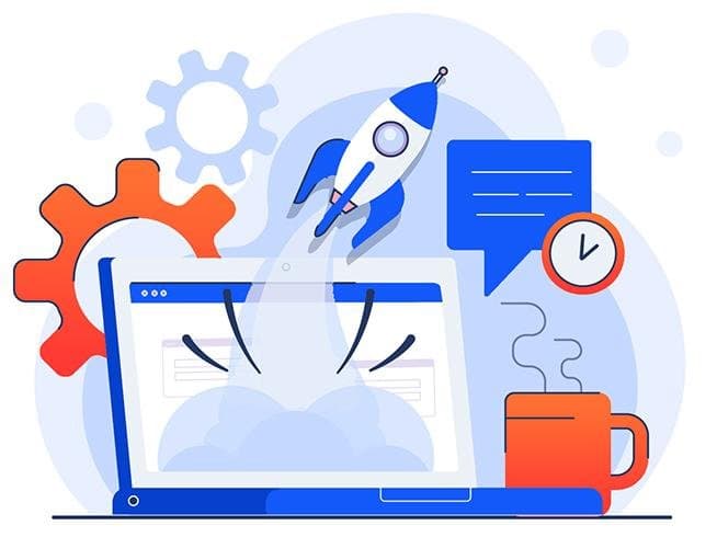 Laptop deployment workstation launching digital software scaling solutions illustration