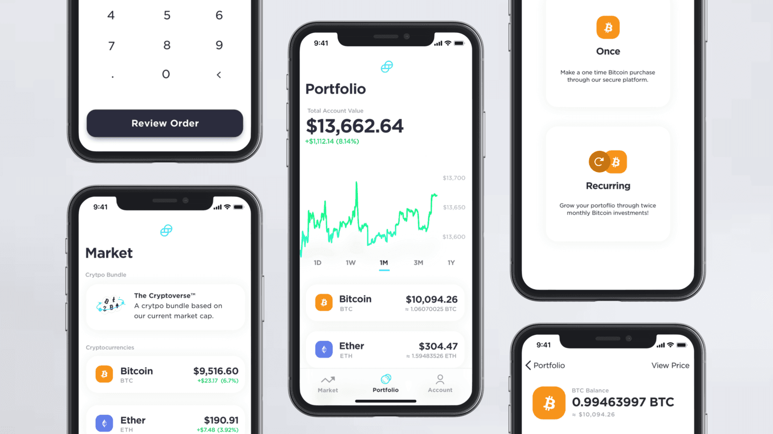 Creed Coin crypto wallet and trading mobile application layout presentation template