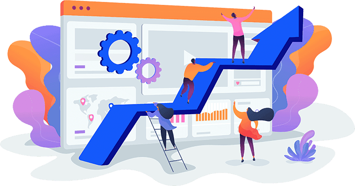 Isometric business workflow interface visualization depicting dynamic company scaling charts